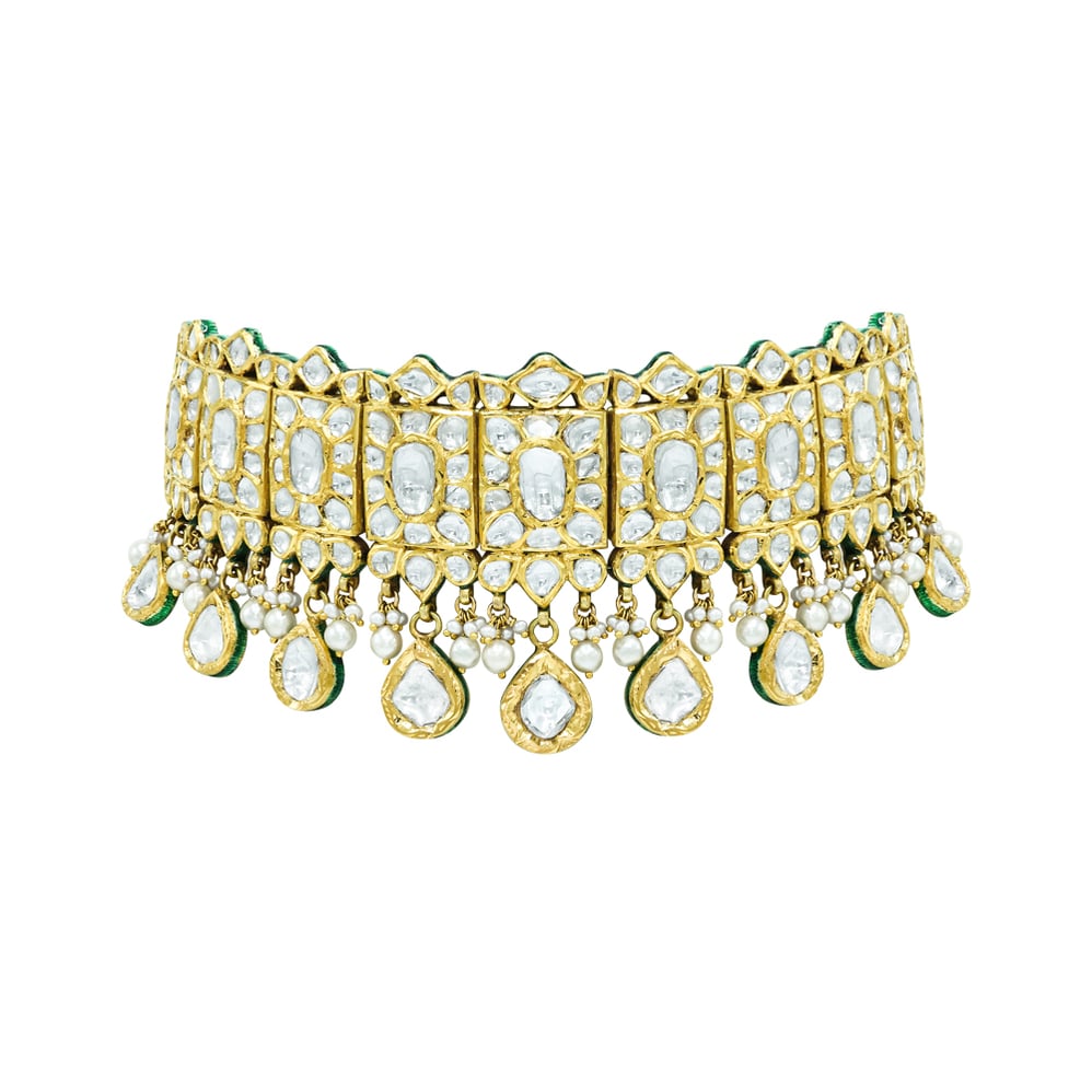 Polki Choker with Square and Teardrop Settings and Pearl Drops